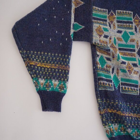 VTG '80s Koman Blue Green Biggie Cosby Eclectic Grandpa Crewneck Knit Sweater XL - Picture 9 of 10